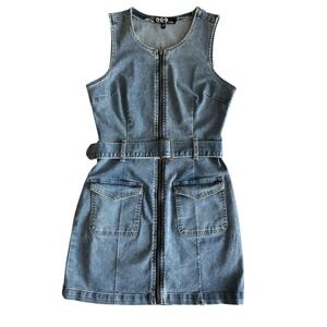 REWASH Recycled Zip Front‎ Jean Dress Sz M Stretch Denim Belt Patch Pockets